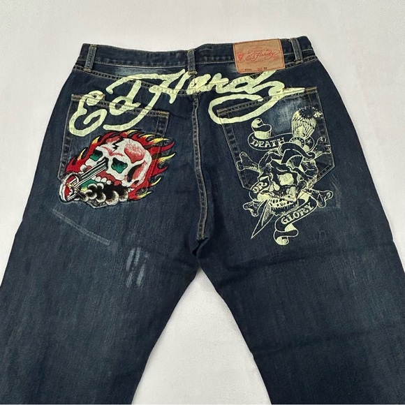 Vintage Ed Hardy Christian Audigier Biker Skull Distressed Denim Jeans Men 36x32 - Picture 2 of 9